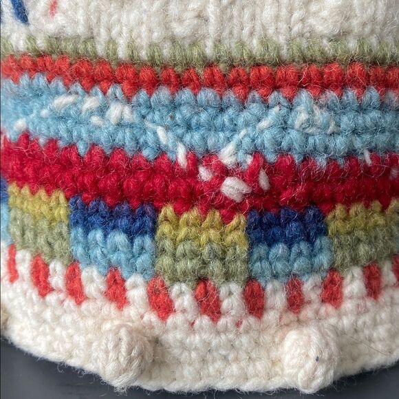 Newari Icelandic Design Cream Knit Pom Pom Beanie OS Colorful Boho Cottage